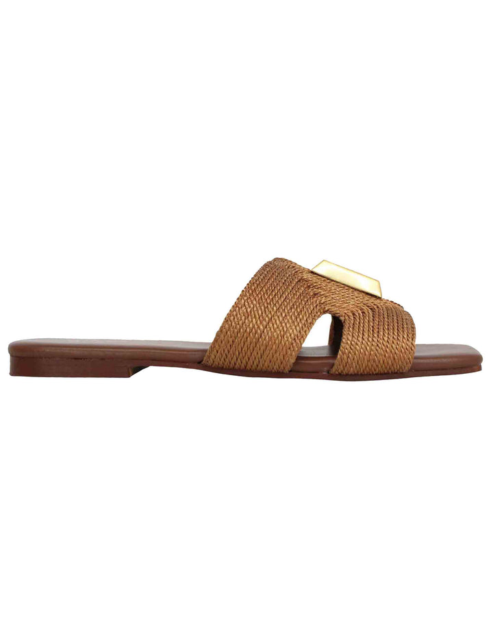 Spatarella Sandali flat donna in tessuto cuoio con borchia in oro e punta quadra Offerta per la Festa della Mamma