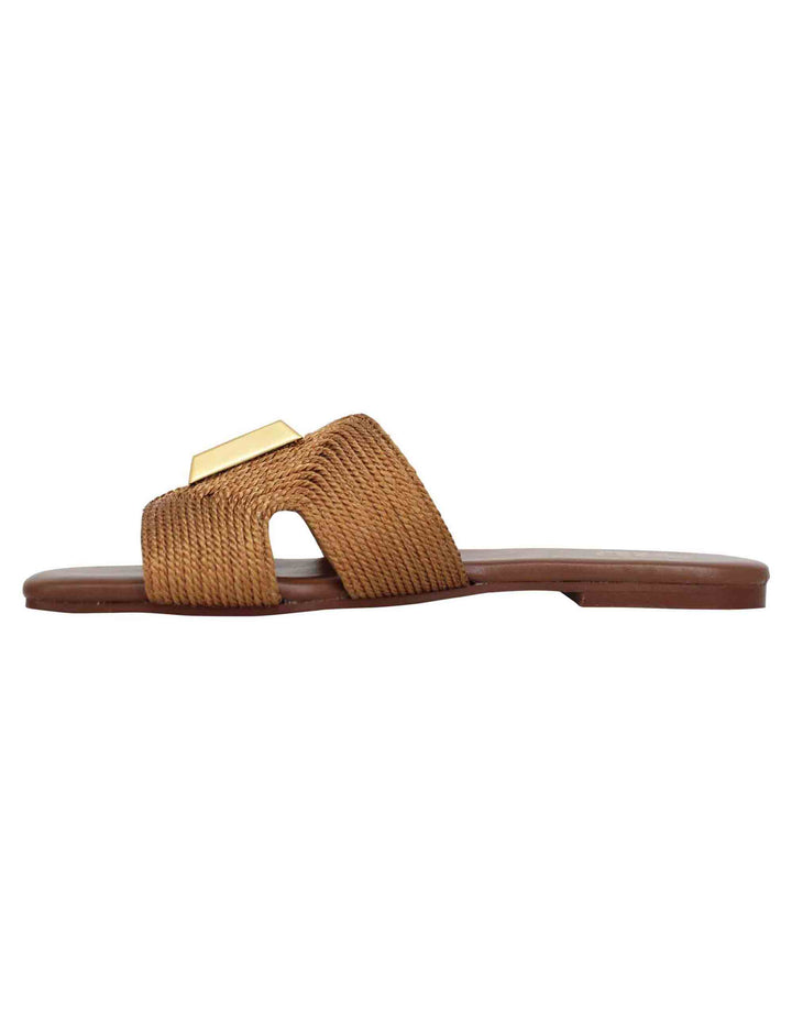 Spatarella Sandali flat donna in tessuto cuoio con borchia in oro e punta quadra Offerta per la Festa della Mamma