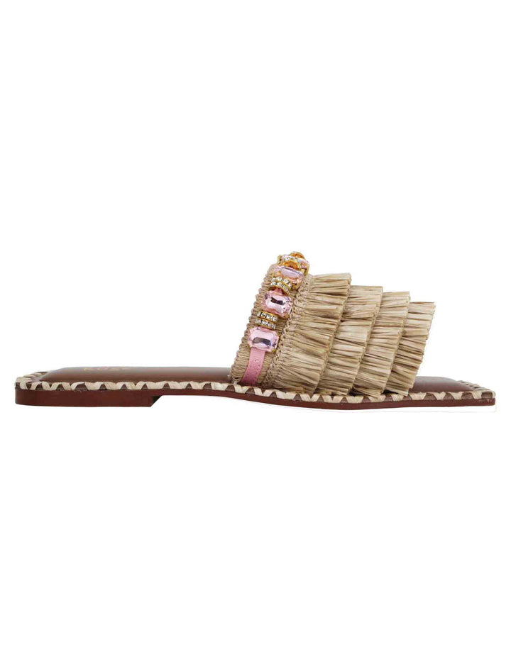 Spatarella Sandali flat donna in rafia beige con pietre e punta quadra Vendita calda