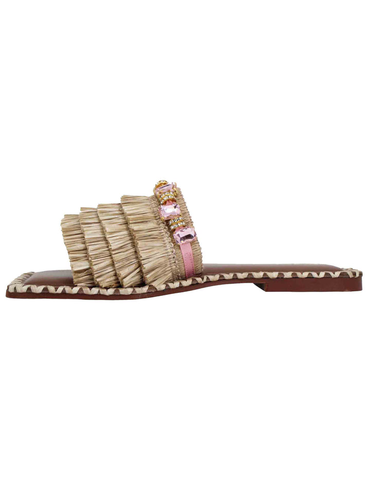 Spatarella Sandali flat donna in rafia beige con pietre e punta quadra Vendita calda