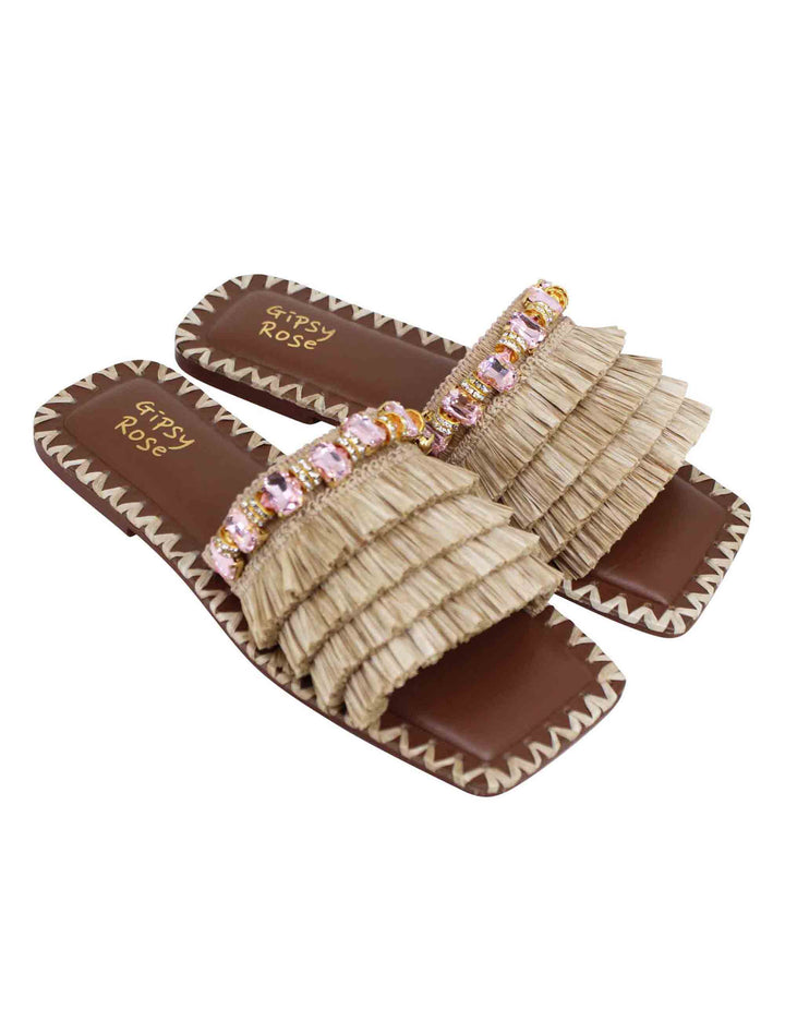 Spatarella Sandali flat donna in rafia beige con pietre e punta quadra Vendita calda