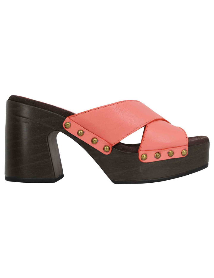 Spatarella Sandali zoccoli donna in pelle rosa ad incrocio con tacco alto Latest fashion