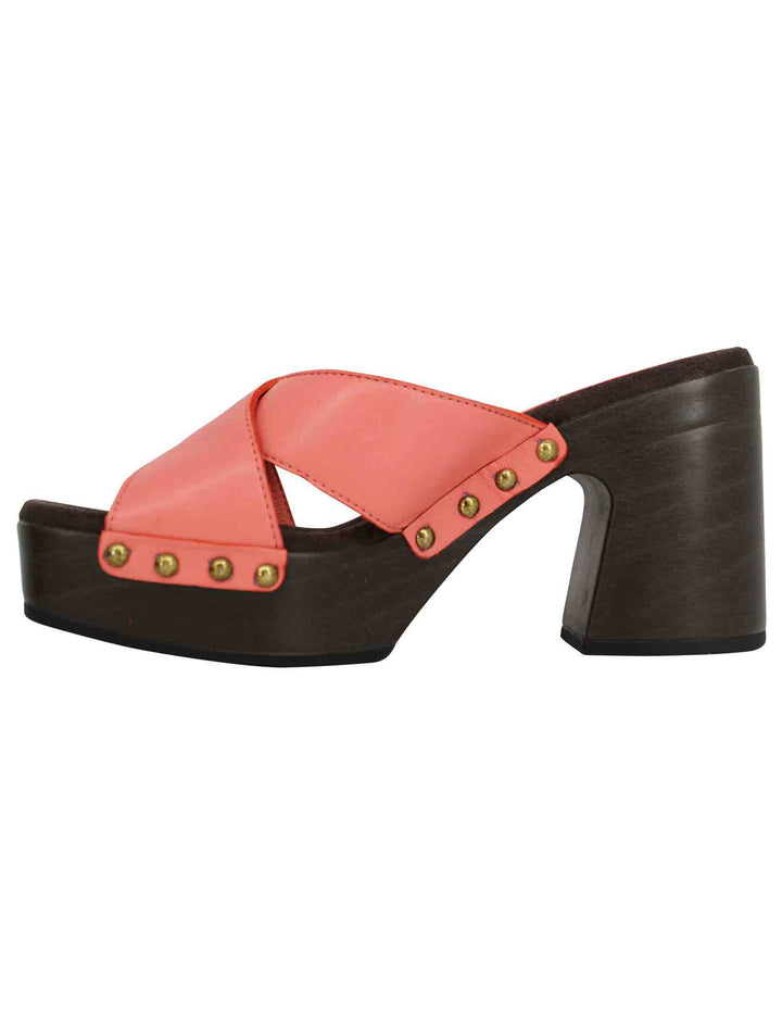 Spatarella Sandali zoccoli donna in pelle rosa ad incrocio con tacco alto Latest fashion