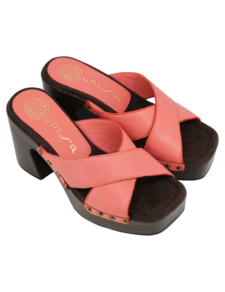 Spatarella Sandali zoccoli donna in pelle rosa ad incrocio con tacco alto Latest fashion