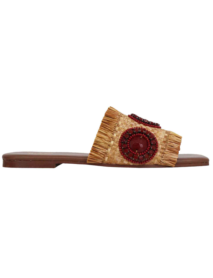 Spatarella Sandali flat donna in rafia cuoio con accessori e punta quadra Online Outlet