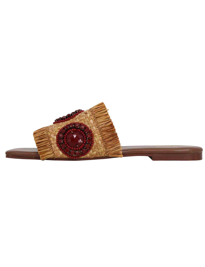 Spatarella Sandali flat donna in rafia cuoio con accessori e punta quadra Online Outlet