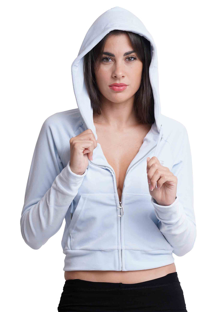 Spatarella Felpa donna Diamond in velluto celeste con cappuccio e strass Ritorno libero