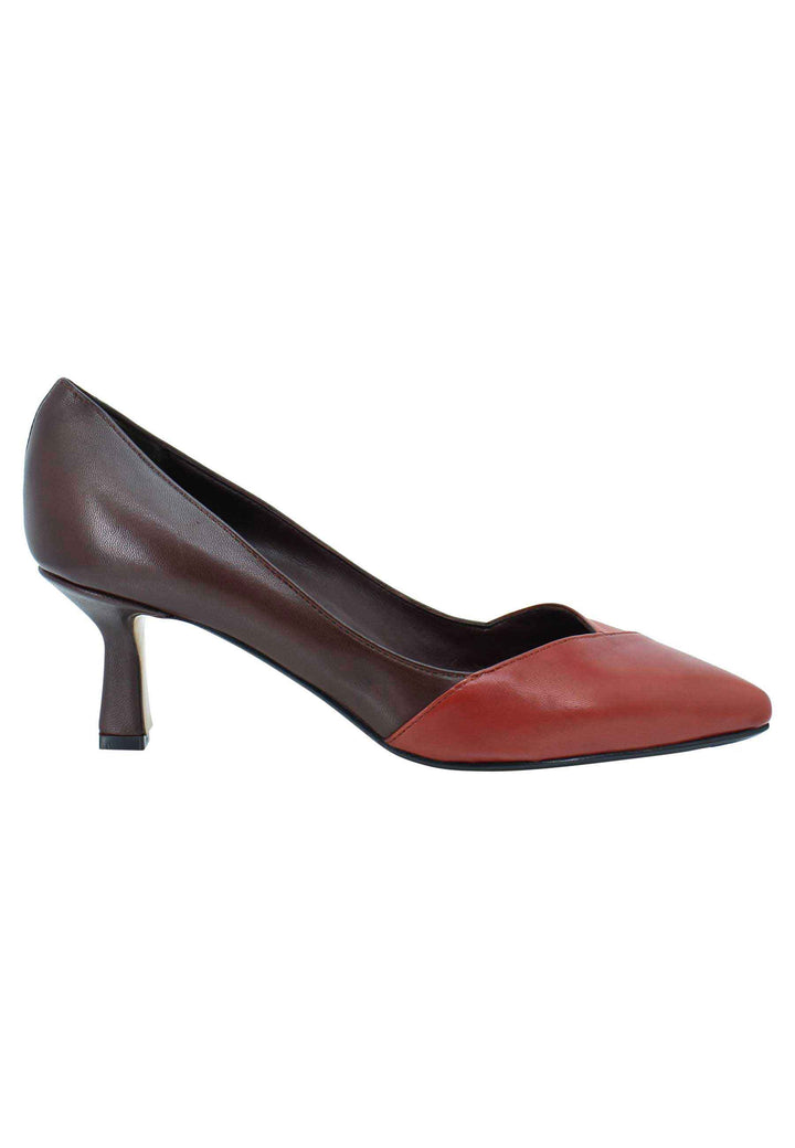 Spatarella Decollete donna in pelle bi colore marrone e mattone tacco basso Fino al 50% di sconto