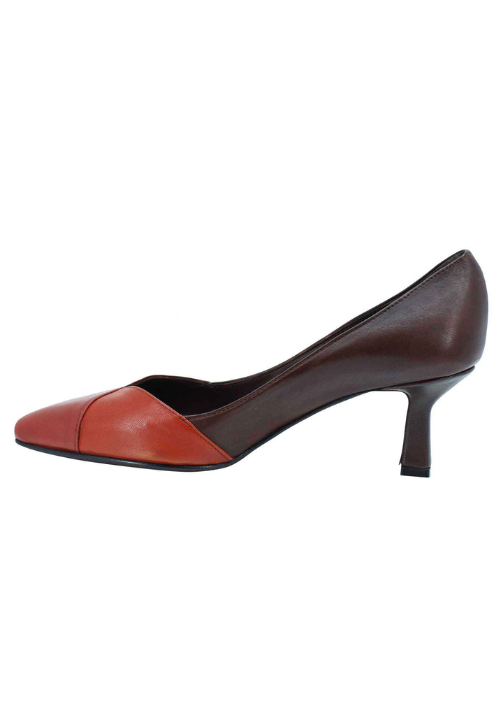 Spatarella Decollete donna in pelle bi colore marrone e mattone tacco basso Fino al 50% di sconto