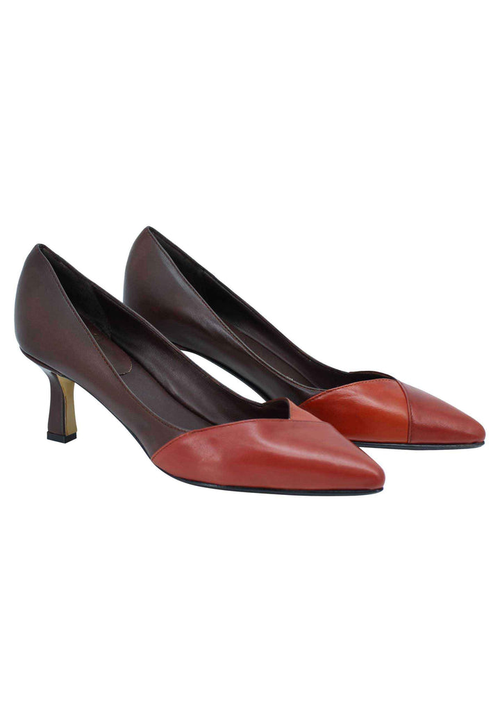 Spatarella Decollete donna in pelle bi colore marrone e mattone tacco basso Fino al 50% di sconto