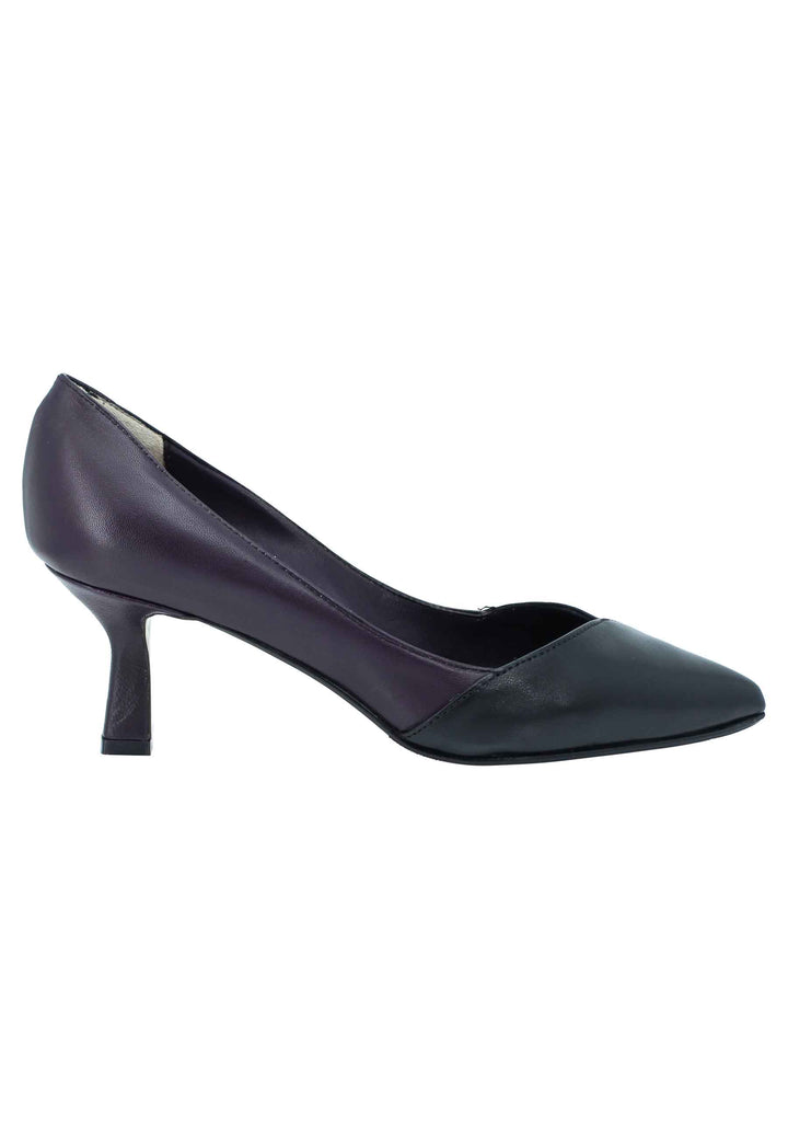 Spatarella Decollete donna in pelle bi colore nero e viola tacco basso Fino al 60% di sconto