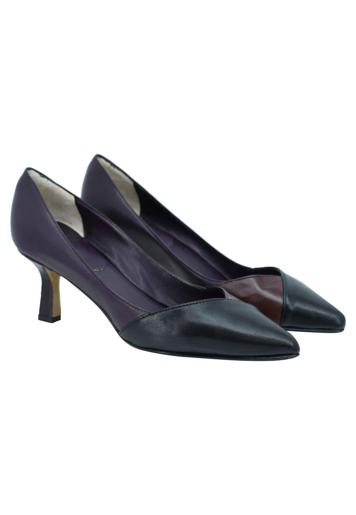 Spatarella Decollete donna in pelle bi colore nero e viola tacco basso Fino al 60% di sconto