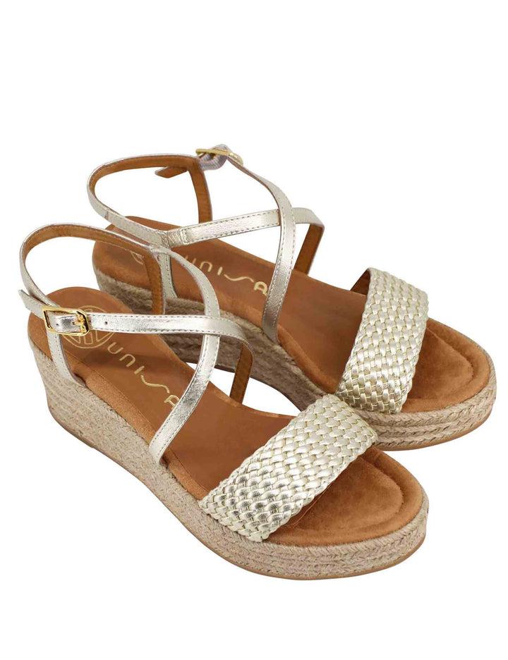 Spatarella Sandali donna in pelle laminata platino intrecciata con zeppa in corda Fino Al -60%