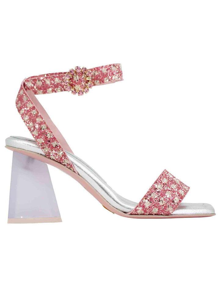 Spatarella Sandali donna in tessuto rosa con punta quadra e tacco alto Economico