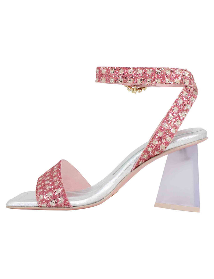 Spatarella Sandali donna in tessuto rosa con punta quadra e tacco alto Economico