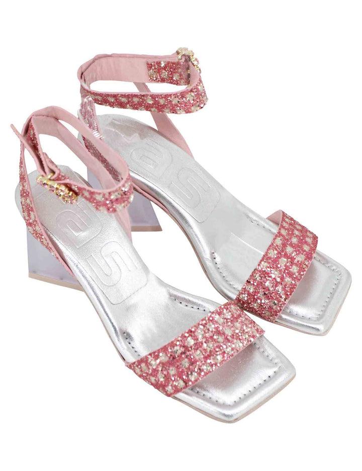 Spatarella Sandali donna in tessuto rosa con punta quadra e tacco alto Economico