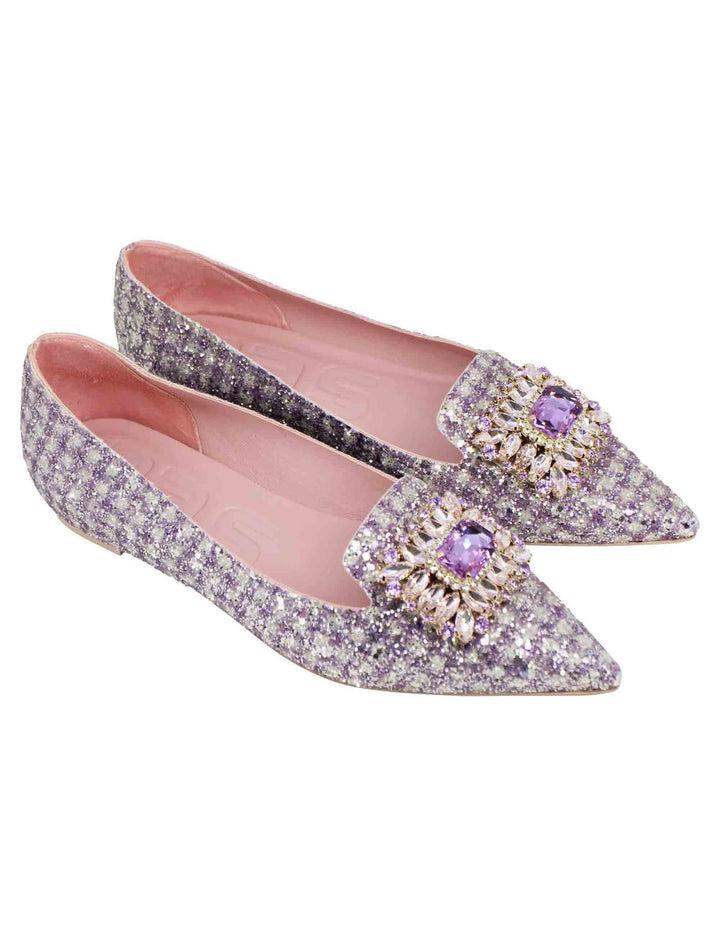 Spatarella Ballerine donna in tessuto lilla con gioiello e punta a punta Saldi
