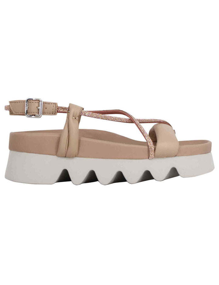 Spatarella Sandali infradito donna in pelle beige con cinturini in strass e suola carrarmato Vendita Calda