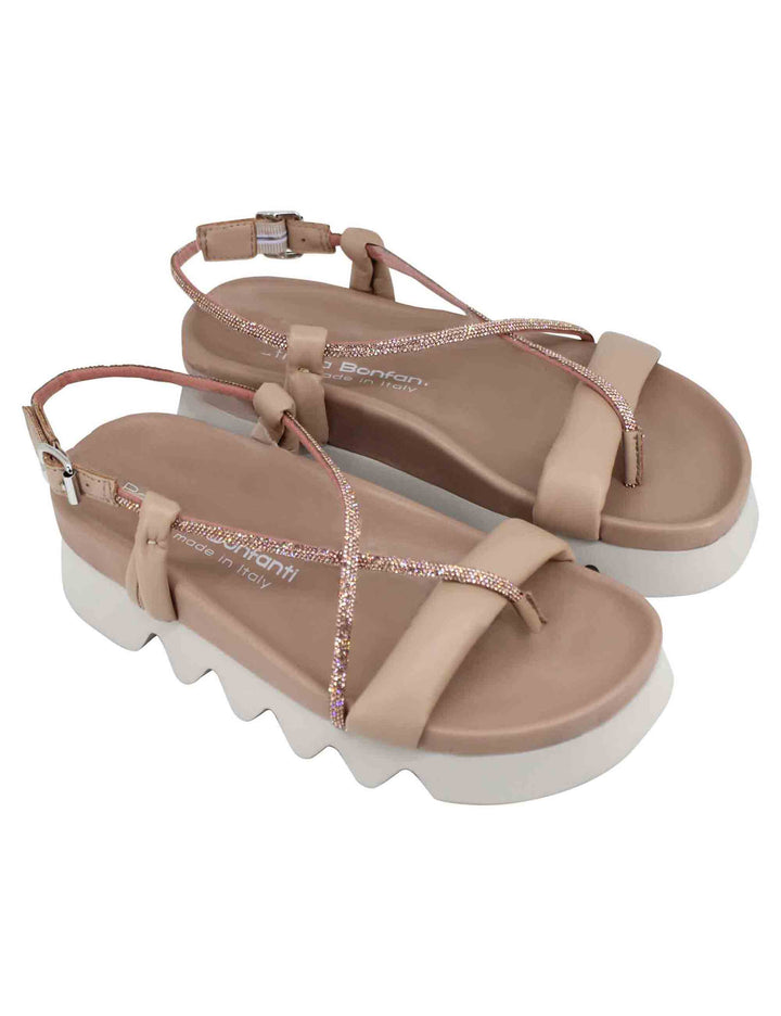Spatarella Sandali infradito donna in pelle beige con cinturini in strass e suola carrarmato Vendita Calda