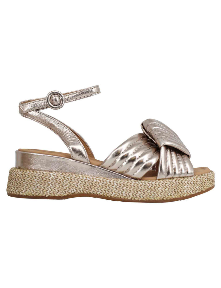 Spatarella Sandali donna in pelle laminata platino con zeppa in corda e cinturino alla caviglia Vendita Economica