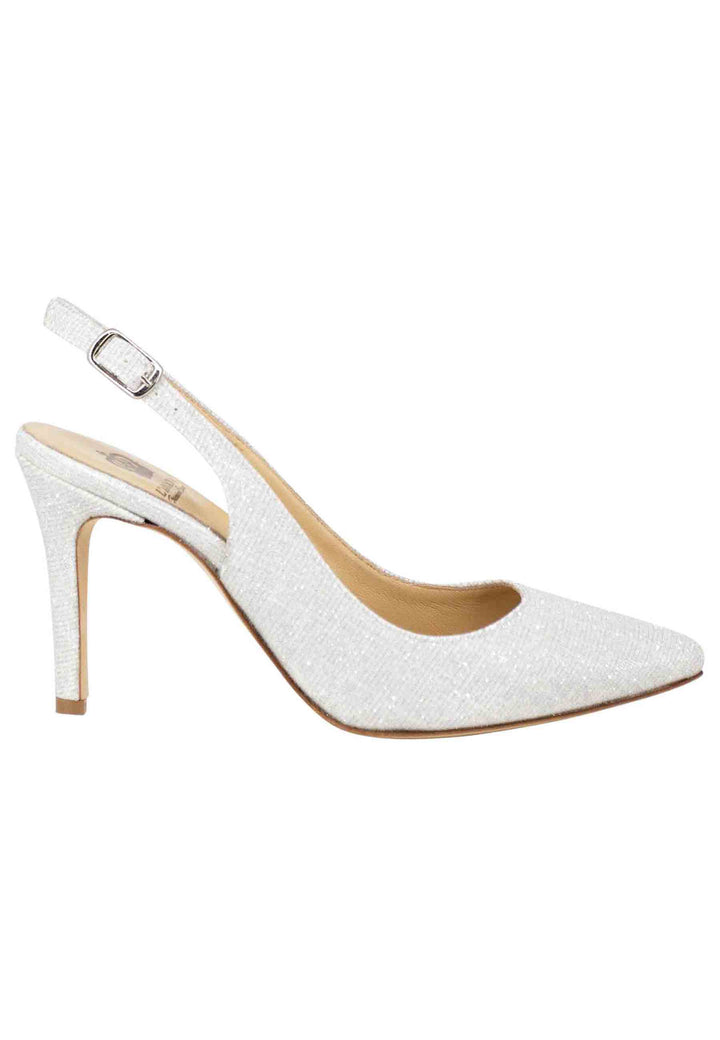 Spatarella Decollete slingback donna in tessuto glitter bianco tacco alto Nuova