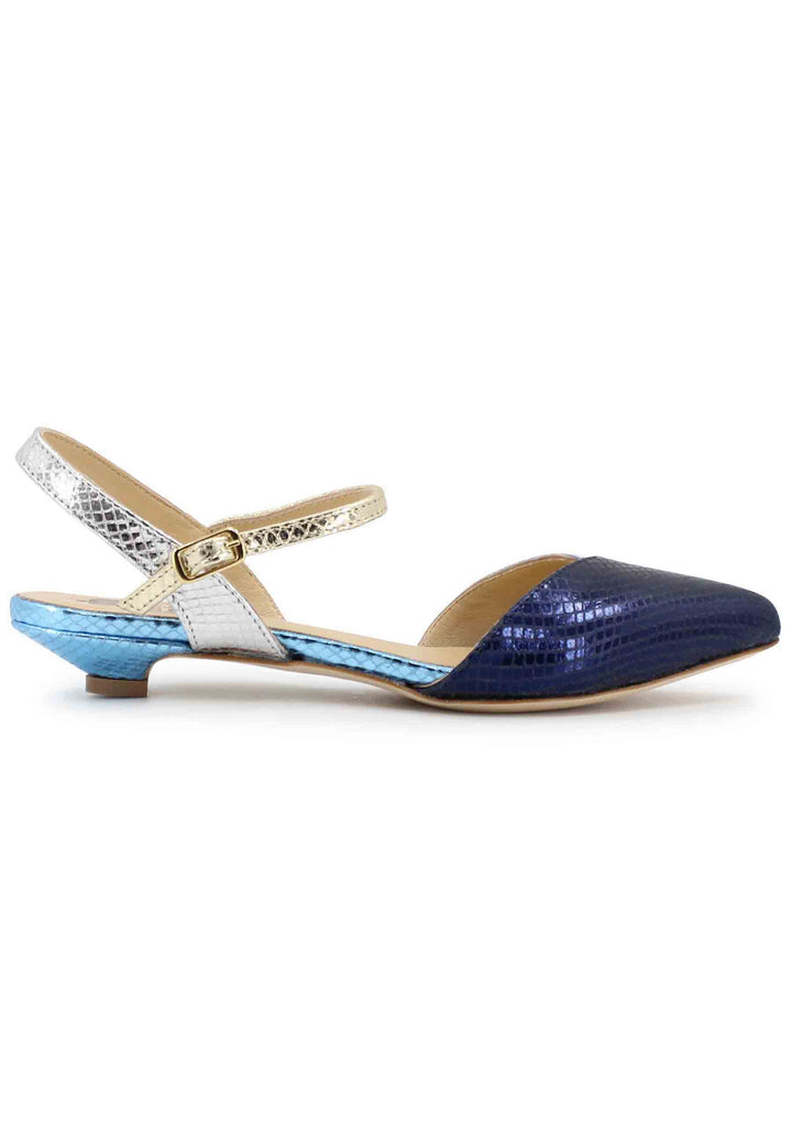 Spatarella Sandali bassi donna in pelle laminata blu punta chiusa con cinturino alla caviglia Negozio online di fabbrica