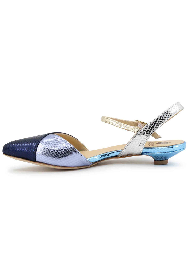 Spatarella Sandali bassi donna in pelle laminata blu punta chiusa con cinturino alla caviglia Negozio online di fabbrica