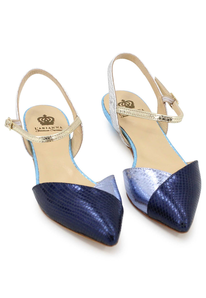 Spatarella Sandali bassi donna in pelle laminata blu punta chiusa con cinturino alla caviglia Negozio online di fabbrica