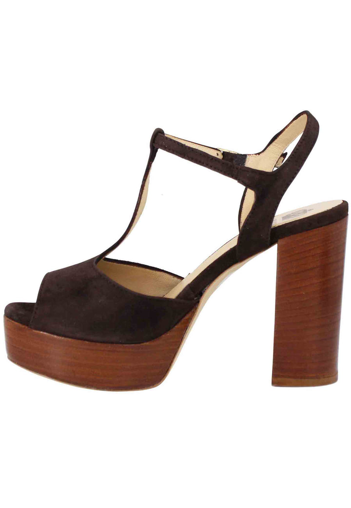 Spatarella Sandali donna in camoscio testa di moro con cinturino tacco alto e plateau Offerta speciale