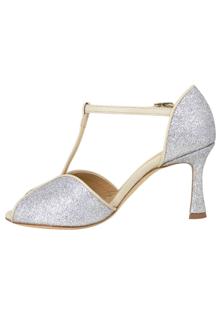 Spatarella Sandali donna in glitter e pelle argento con tacco alto Grande vendita