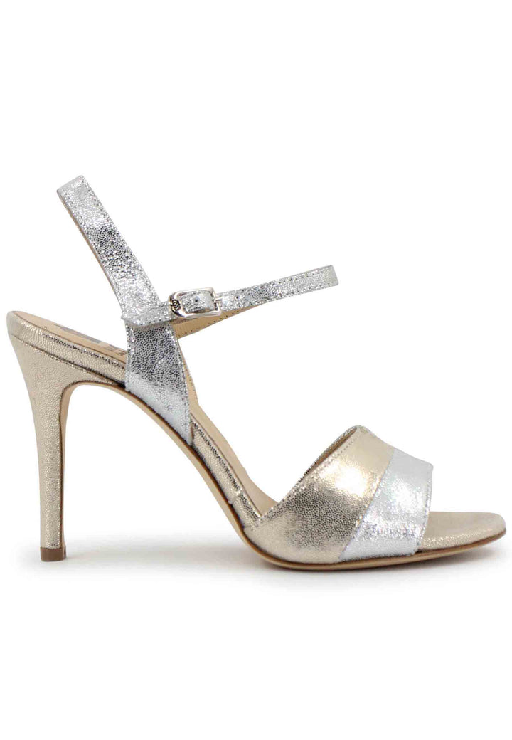Spatarella Sandali donna in pelle laminata argento con tacco alto e cinturino alla caviglia Black Friday