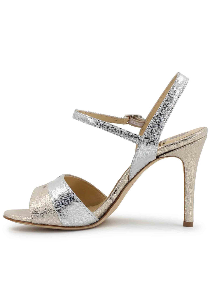 Spatarella Sandali donna in pelle laminata argento con tacco alto e cinturino alla caviglia Black Friday