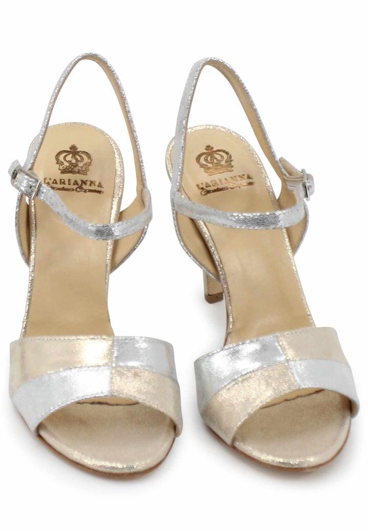 Spatarella Sandali donna in pelle laminata argento con tacco alto e cinturino alla caviglia Black Friday