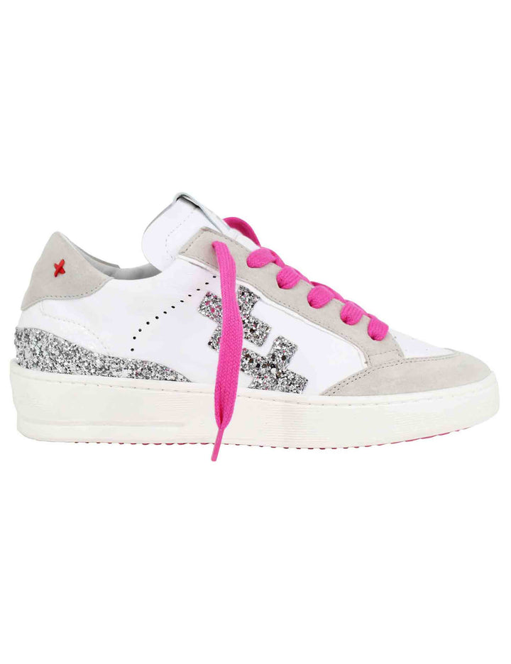 Spatarella Sneakers donna in pelle bianca con riporti in glitter argento Ultimo giorno