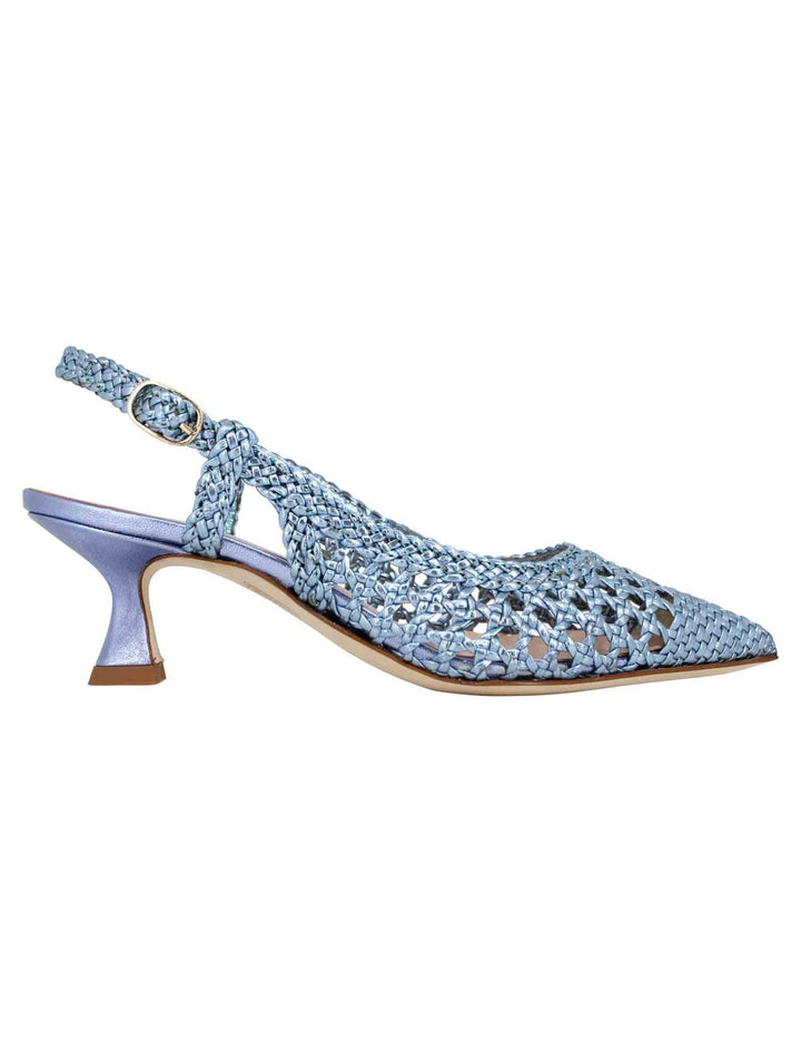 Spatarella Decollete slingback donna in pelle intrecciata laminata celeste con tacco in tinta Promozione temporanea