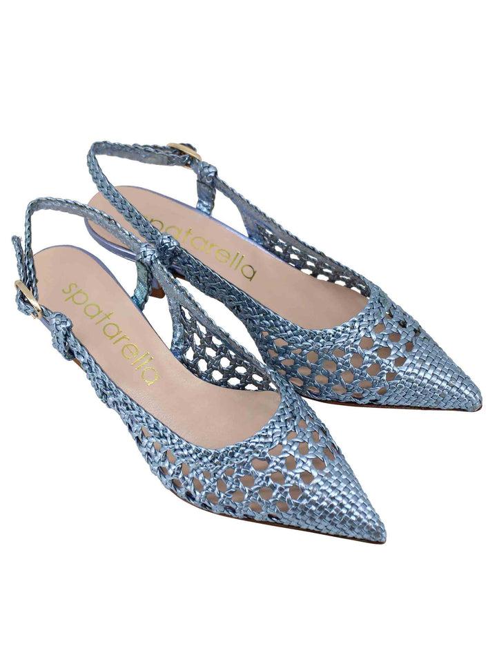 Spatarella Decollete slingback donna in pelle intrecciata laminata celeste con tacco in tinta Promozione temporanea