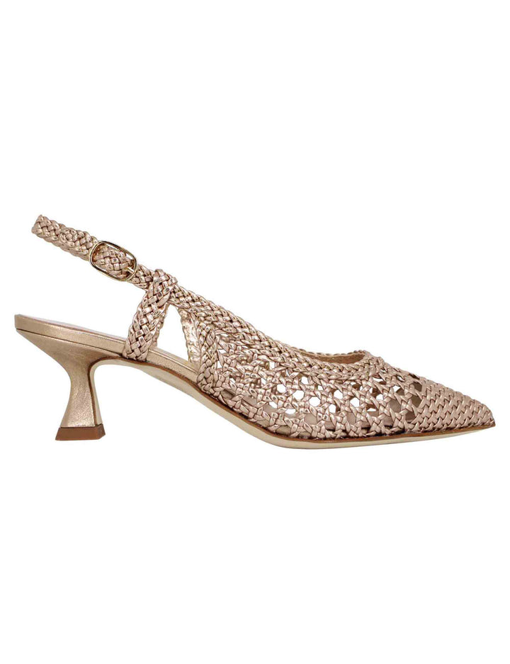 Spatarella Decollete slingback donna in pelle intrecciata laminata oro con tacco in tinta Fino al 50% di sconto