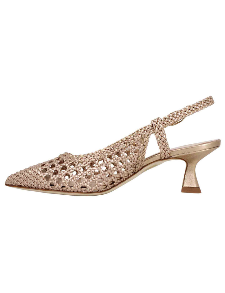 Spatarella Decollete slingback donna in pelle intrecciata laminata oro con tacco in tinta Fino al 50% di sconto