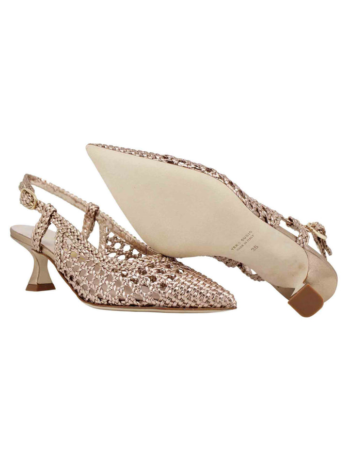 Spatarella Decollete slingback donna in pelle intrecciata laminata oro con tacco in tinta Fino al 50% di sconto