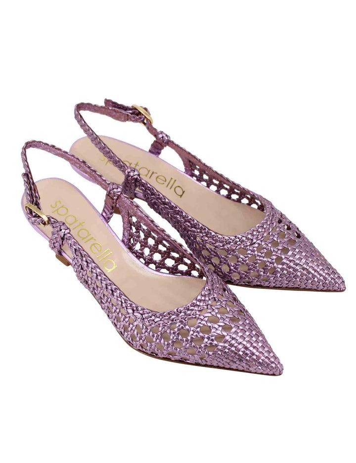 Spatarella Decollete slingback donna in pelle intrecciata laminata lilla con tacco in tinta Only for today
