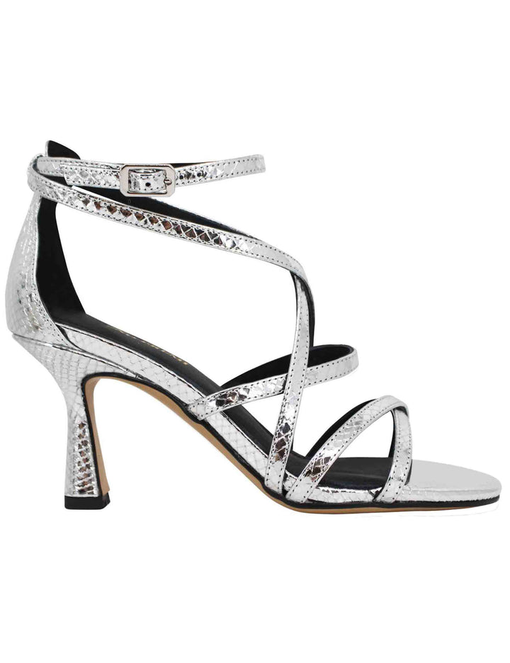 Spatarella Sandali donna in pelle laminata stampata argento con tacco alto e cinturini Solo un giorno rimasto