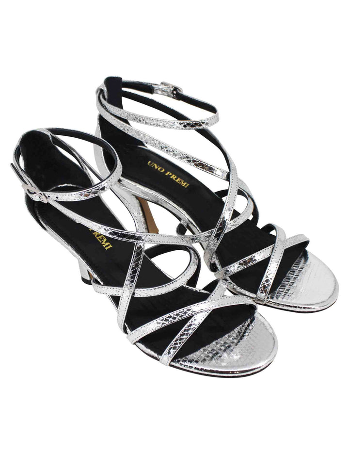 Spatarella Sandali donna in pelle laminata stampata argento con tacco alto e cinturini Solo un giorno rimasto