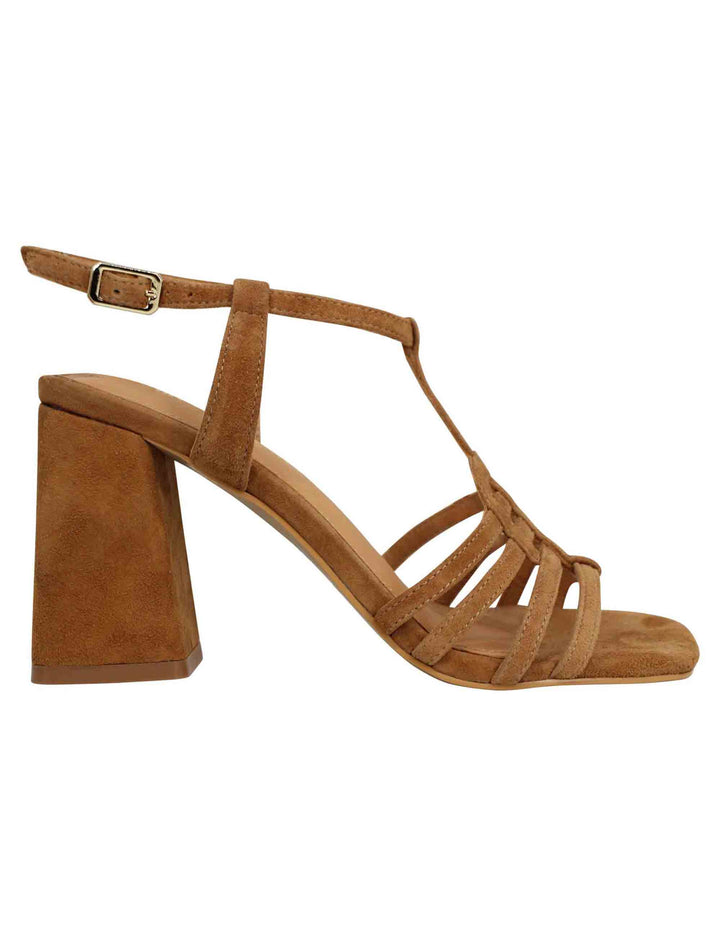 Spatarella Sandali donna in camoscio cuoio con tacco alto e punta quadra Super sconto