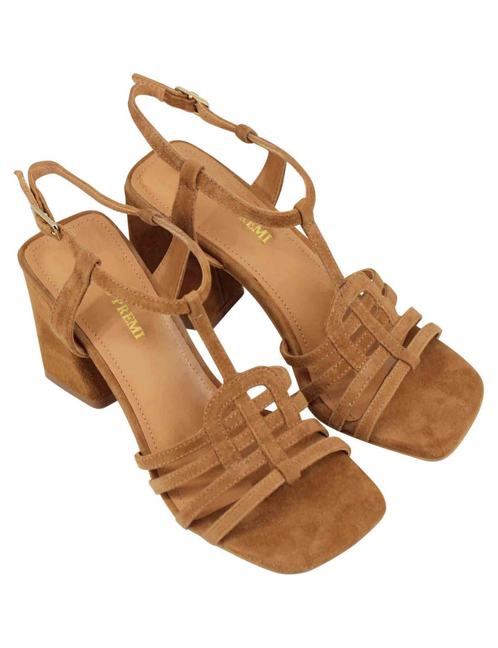 Spatarella Sandali donna in camoscio cuoio con tacco alto e punta quadra Super sconto