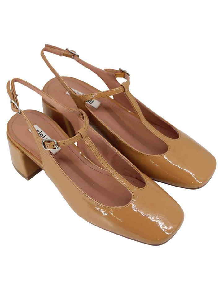 Spatarella Decollete slingback donna in vernice cammello con doppio cinturino Mignon Sottocosto
