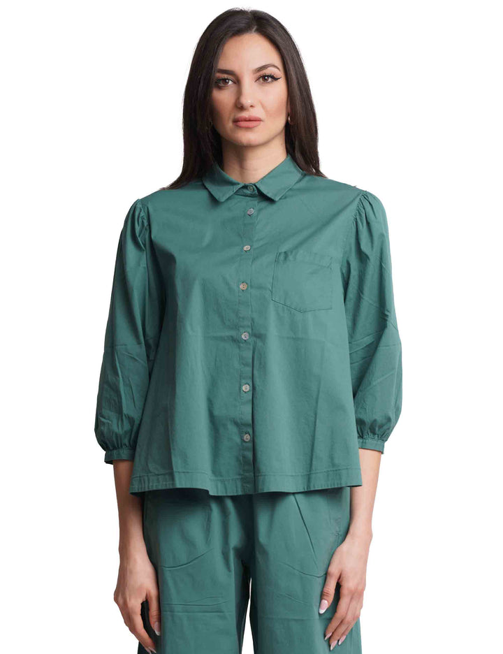 Spatarella Camicie donna in cotone verde con maniche a sbuffo Online