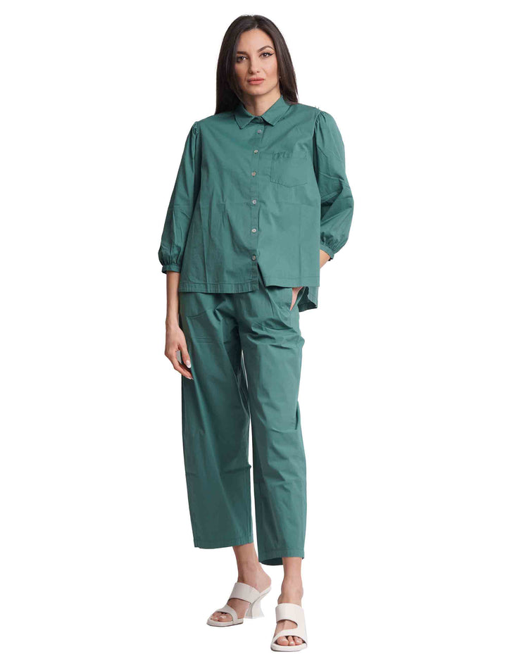 Spatarella Camicie donna in cotone verde con maniche a sbuffo Online