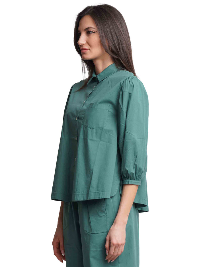 Spatarella Camicie donna in cotone verde con maniche a sbuffo Online