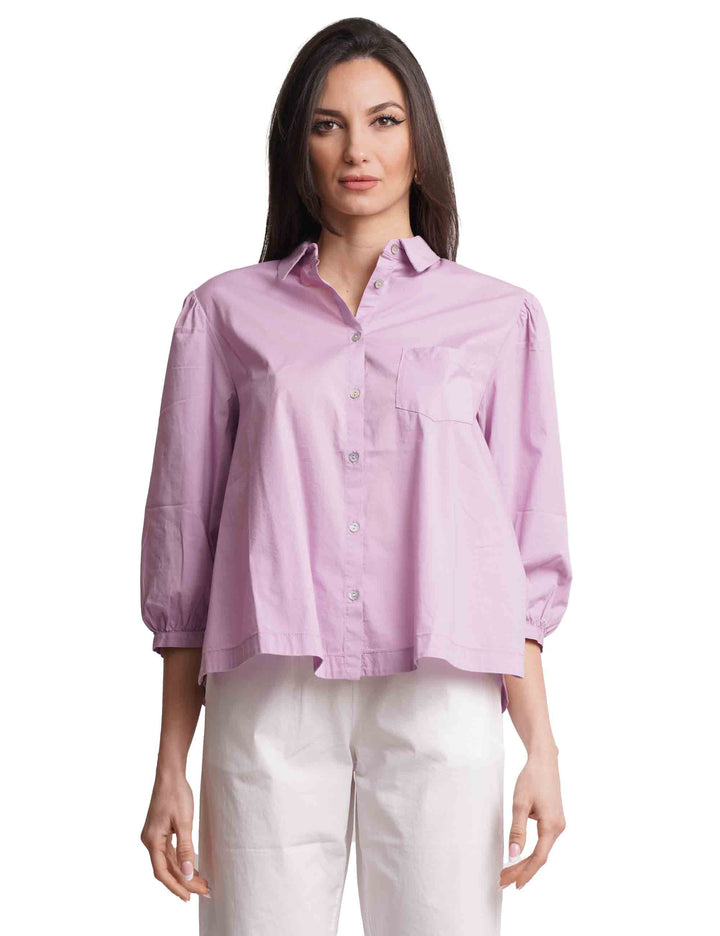 Spatarella Camicie donna in cotone lilla con maniche a sbuffo Outlet