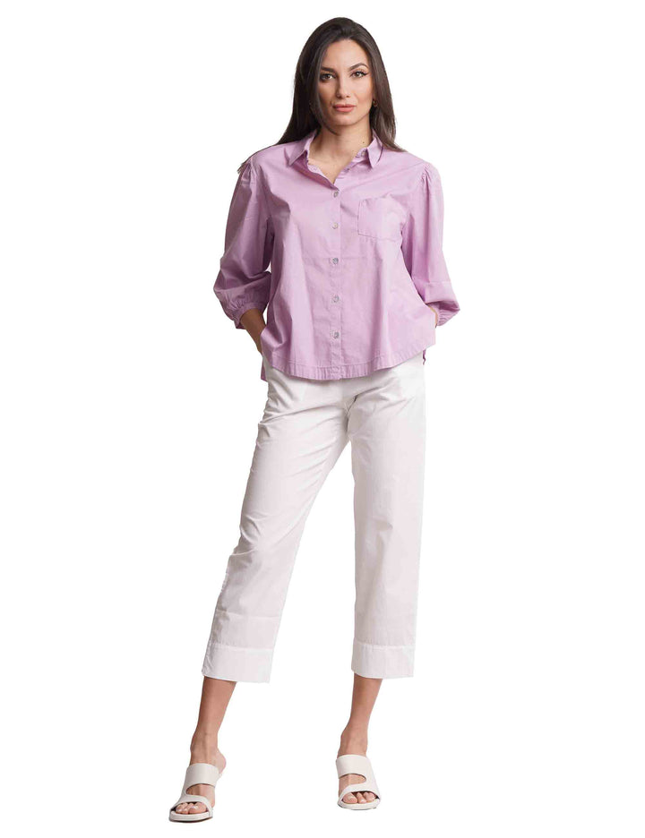 Spatarella Camicie donna in cotone lilla con maniche a sbuffo Outlet